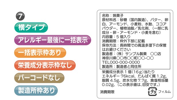 表示例7｜横・アレルギー最後に一括表示・一括表示枠あり・栄養成分表示枠なし・バーコードなし・所枠あり