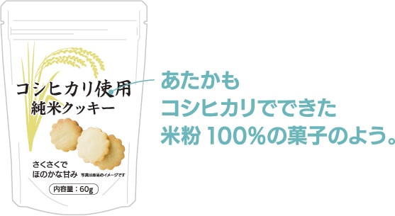 コシヒカリ使用純米クッキーと表紙に書いてあるクッキーのパッケージ