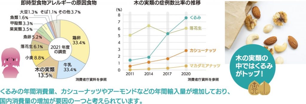 即時型食物アレルギーの原因食物の円グラフ、木の実類の症例数比率の推移の折れ線グラフ、「くるみの年間消費量、カシューナッツやアーモンドなどの年間輸入量が増加しており、国内消費量の増加が要因の一つと考えられています。」、「木の実類の
中ではくるみがトップ!」