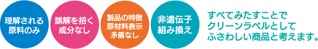 4つすべてみたすことでクリーンラベルとしてふさわしい商品と考えます