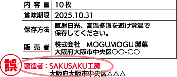 表示責任者と製造所の違いについての誤った表示例