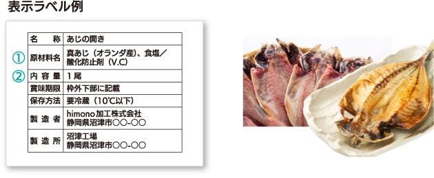 あじの開きの表示ラベル例