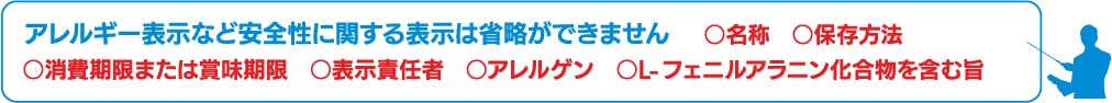 次のアレルギー表示など安全性に関する表示は省略ができません。「名称・保存方法・消費期限または賞味期限・表示責任者・アレルゲン・L-フェニルアラニン化合物を含む旨」