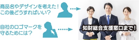 「商品名やデザインを考えた！この後どうすればいい？」「自社のロゴマークを守るためには？」などのお悩みは、知財総合支援窓口まで！