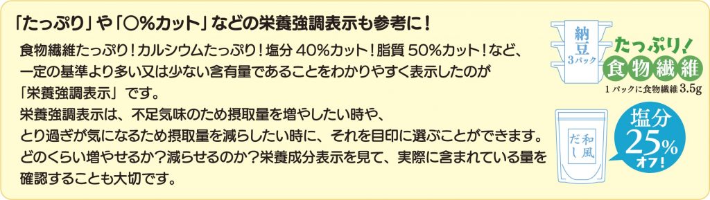 栄養強調表示は、一定の基準より多いまたは少ない含有量であることをわかりやすく表示したものです。自分の健康状態を改善したい時は、それを目印に食品を選ぶことができます。